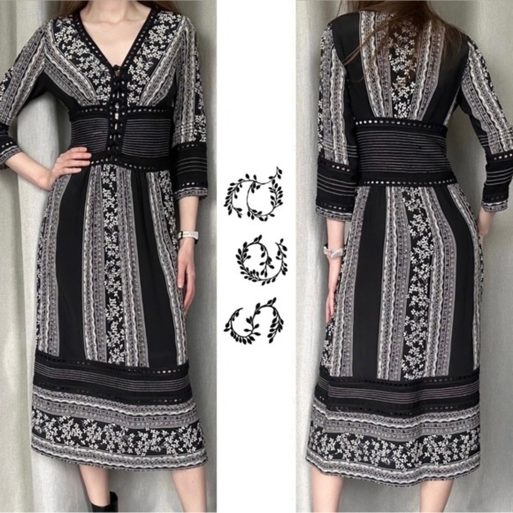 Sea New York Black and Cream Patterned Midi Dress